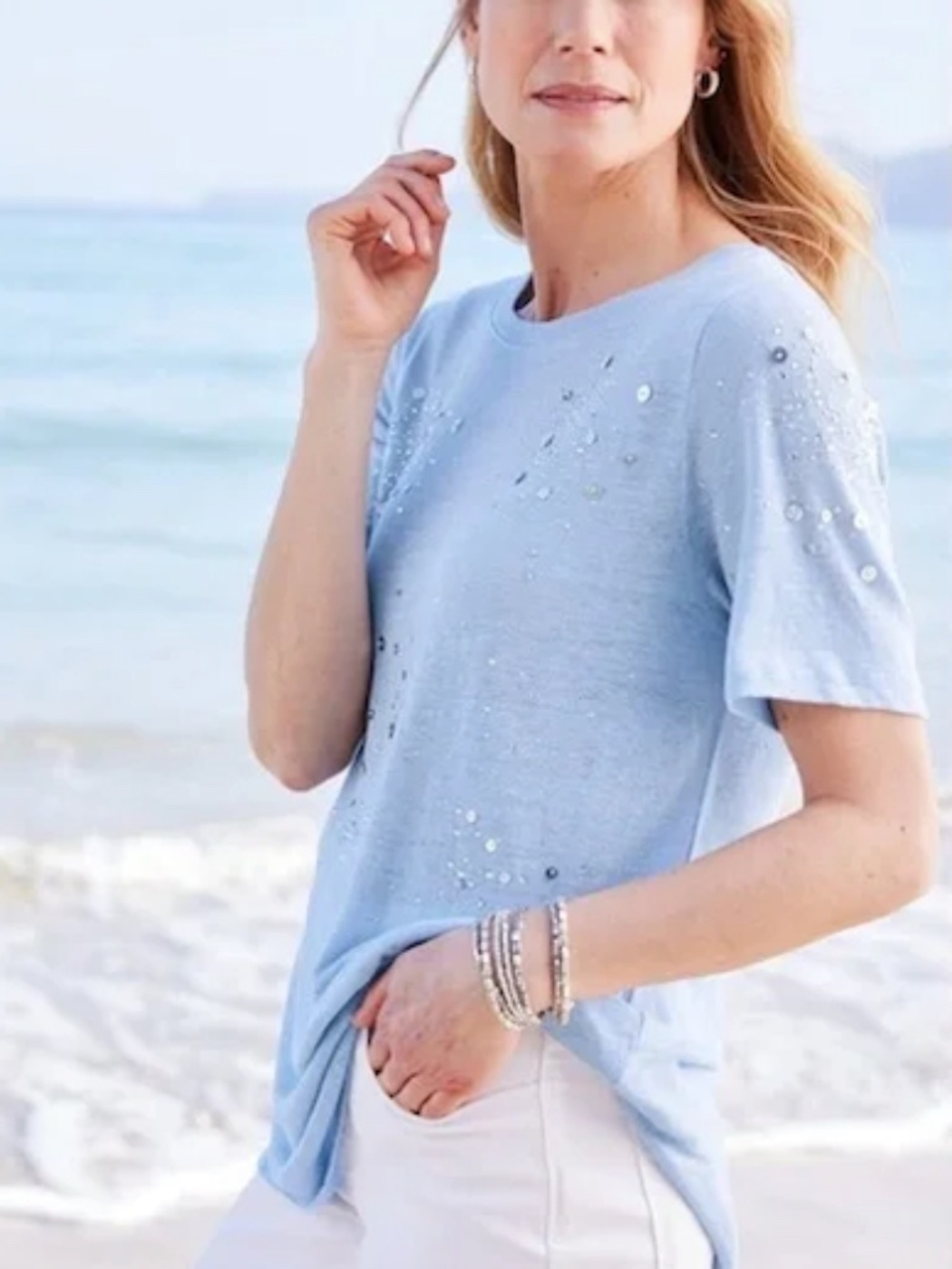 Soft Surroundings - Astra Linen Tee Top Blue Sequin Linen Lightweight - 2X 22W
